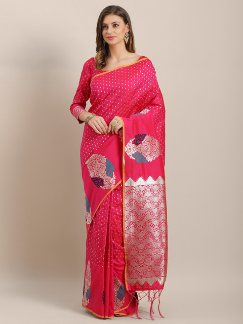 

Saree mall Pink & Silver Woven Design Banarasi Saree