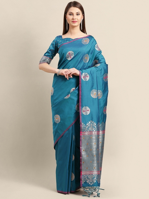 

Saree mall Teal Blue & Silver Woven Design Banarasi Saree