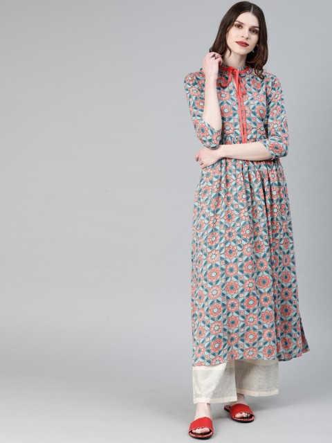 

Yufta Women Rust Red & Teal Green Printed A-Line Kurta
