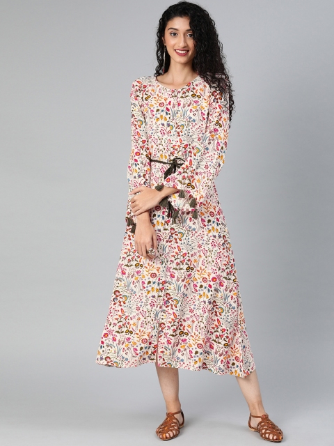 

Yufta Women Off-White & Pink Floral Printed Fit and Flare Dress With Tassel Detailing