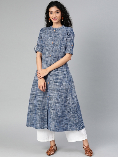 

Yufta Women Blue & White Woven Design A-Line Khadi Handloom Kurta