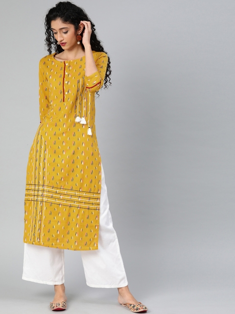 

Yufta Women Mustard Yellow & Navy Blue Embroidered Straight Kurta