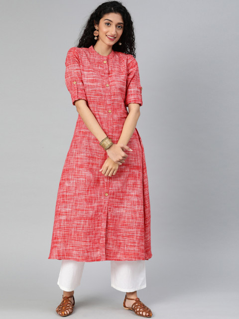 

Yufta Women Red & White Woven Design A-Line Khadi Handloom Kurta