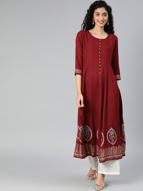 

Yufta Women Maroon Hand Block Printed A-Line Kurta