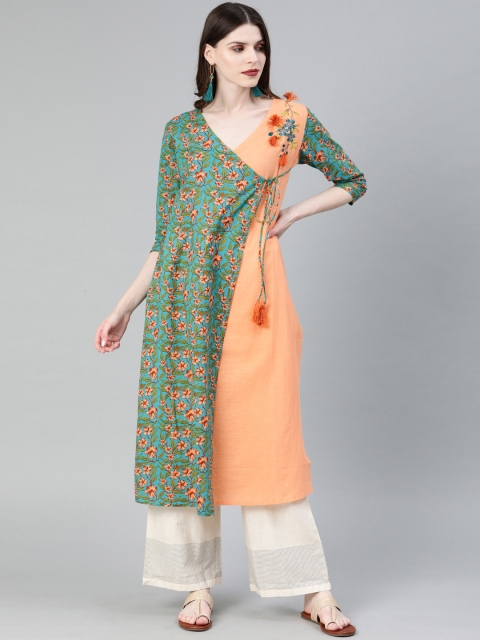 

Yufta Women Turquoise Blue & Peach-Coloured Embroidered A-Line Kurta