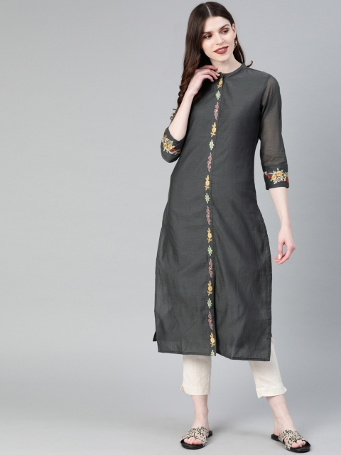 

Yufta Women Grey Embroidered Straight Chanderi Kurta
