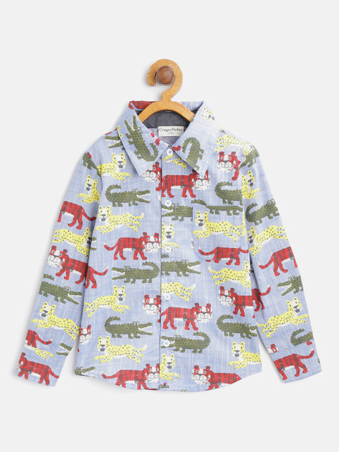 

CrayonFlakes Boys Blue & Olive Green Regular Fit Printed Casual Shirt