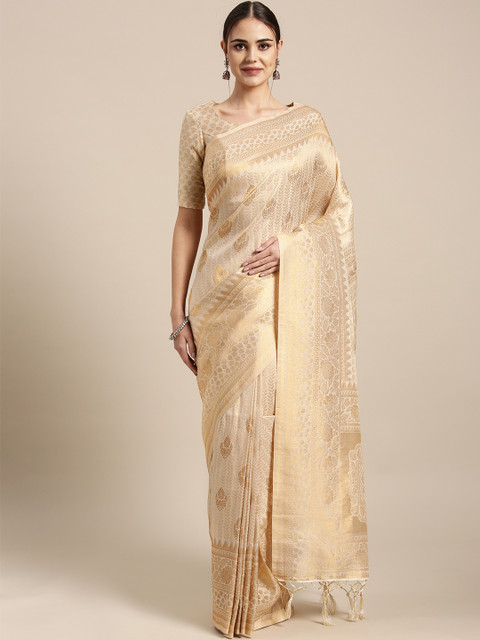 

Inddus Beige & Golden Soft Silk Woven Design Banarasi Saree