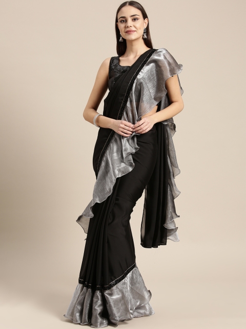 

Inddus Black & Silver Solid Ruffle Saree