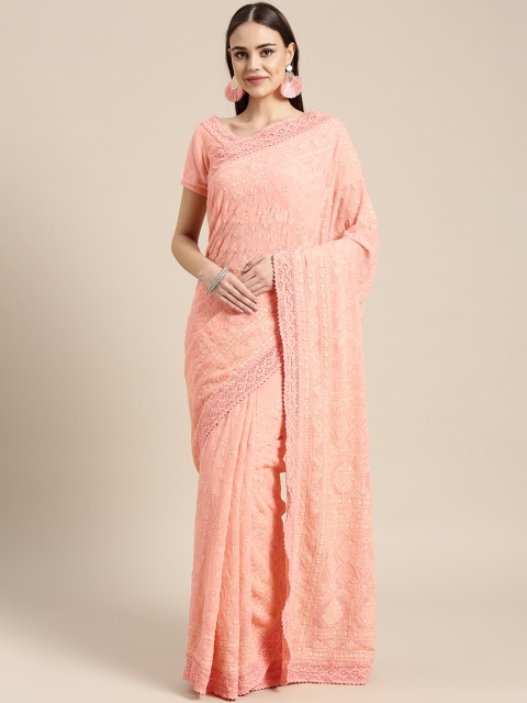 

Inddus Peach-Coloured Embroidered Pure Georgette Saree