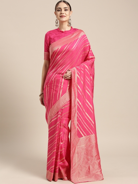 

Inddus Pink & Golden Striped Leheriya Saree