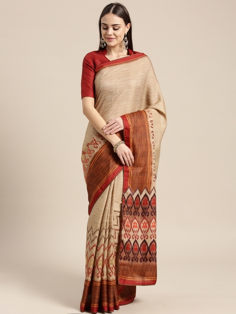 

Inddus Beige & Rust Orange Satin Embroidered Saree