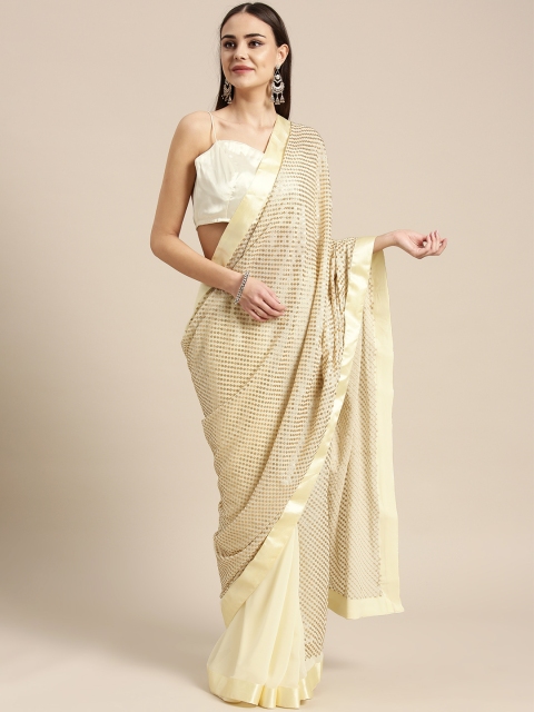 

Inddus Cream-Coloured Sequinned Saree
