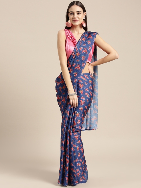 

Inddus Blue & Pink Satin Finish Printed Saree