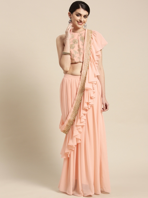 

Inddus Pink Solid Ruffle Lehenga Saree
