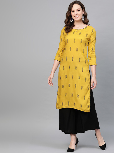 

Saadgi Women Mustard Yellow & Black Handloom Printed Straight Kurta