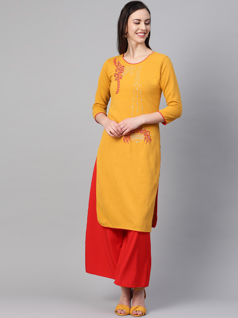 

Saadgi Women Mustard Yellow & Red Embroidered Straight Handloom Winter Kurta