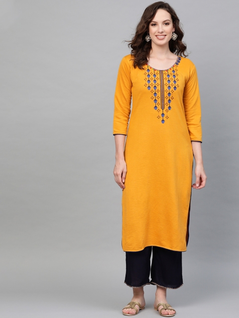 

Saadgi Women Mustard Yellow Yoke Design Straight Winter Kurta