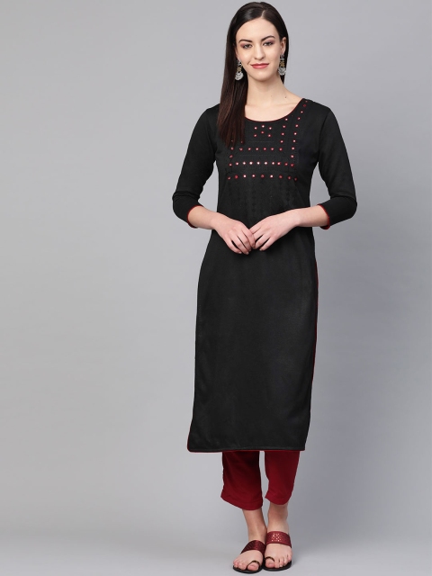 

Saadgi Women Black Yoke Design Straight Handloom Winter Kurta