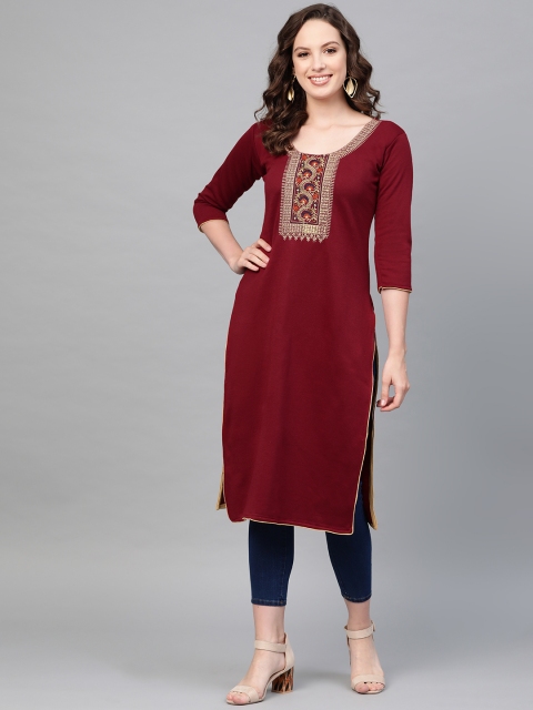 

Saadgi Women Maroon & Beige Yoke Design Winter Straight Kurta