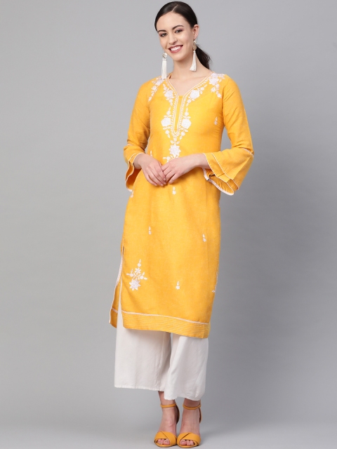 

Saadgi Women Yellow & White Aari Embroidered Handloom Straight Kurta