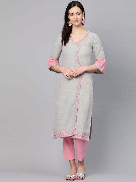 

Saadgi Women Grey Handloom Chikankari Embroidered Straight Kurta