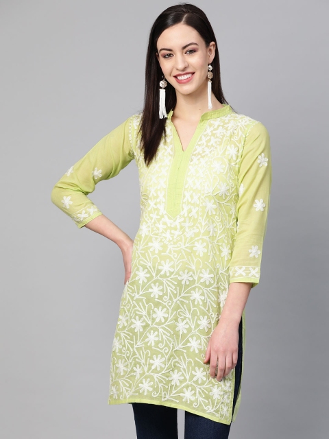 

Saadgi Women Green & White Aari-Work Embroidered Handloom Straight Kurta