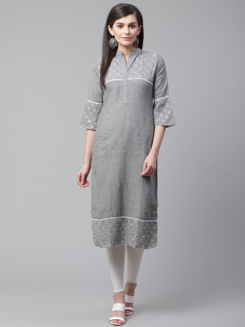 

Saadgi Women Grey Melange Floral Embroidery Handloom Yoke Design Straight Kurta