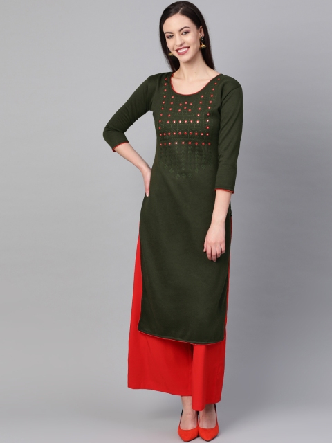 

Saadgi Women Olive Green & Red Yoke Design Handloom Straight Winter Kurta