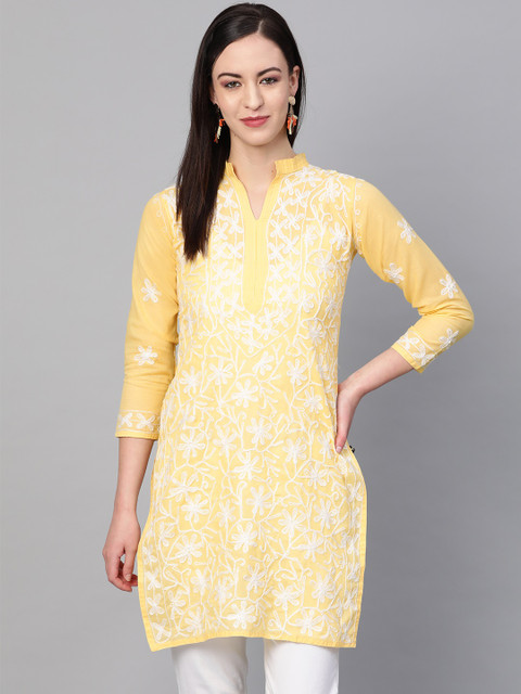

Saadgi Women Yellow & White Chikankari Embroidered Handloom Straight Kurta