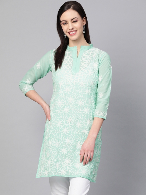 

Saadgi Women Sea Green & White Chikankari Embroidered Handloom Straight Kurta