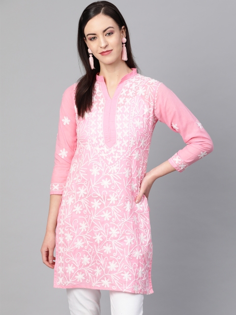 

Saadgi Women Pink & White Chikankari Embroidered Handloom Straight Kurta