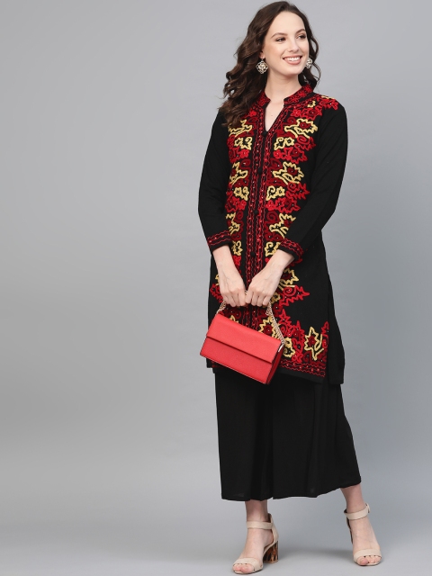 

Saadgi Women Black & Maroon Embroidered Handloom Straight Winter Kurta