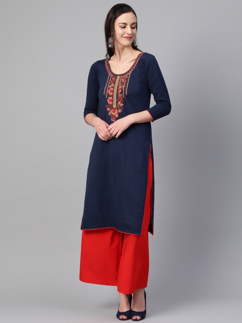 

Saadgi Women Navy Blue Yoke Design Straight Handloom Winter Kurta