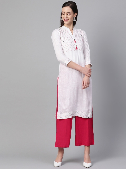 

Saadgi Women White Yoke Design Handloom Straight Kurta