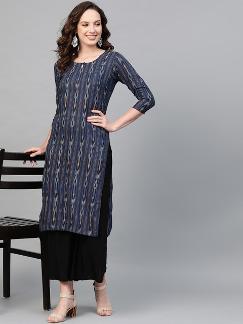 

Saadgi Women Navy Blue & White Handloom Ikat Print Straight Kurta