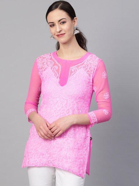

Saadgi Women Pink & White Handloom Chikankari Embroidered Sheer Straight Kurti
