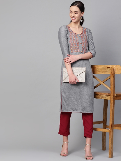 

Saadgi Women Grey Melange & Orange Yoke Design Handloom Straight Winter Kurta
