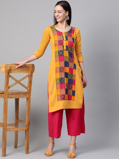 

Saadgi Women Mustard Yellow & Pink Printed Straight Winter Kurta