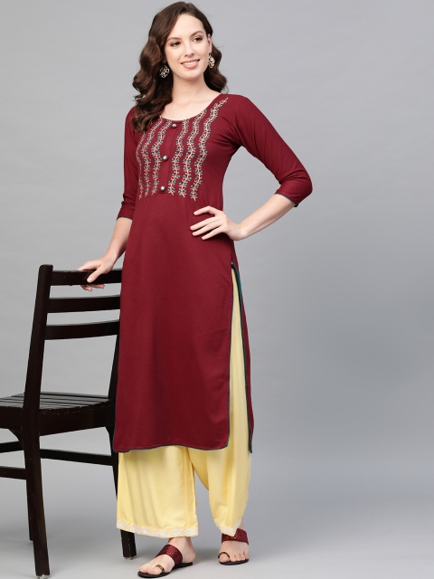 

Saadgi Women Maroon & Golden Yoke Design Straight Winter Kurta with Zari Work