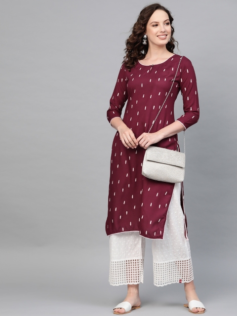 

Saadgi Women Maroon & White Handloom Ikat Print Straight Kurta