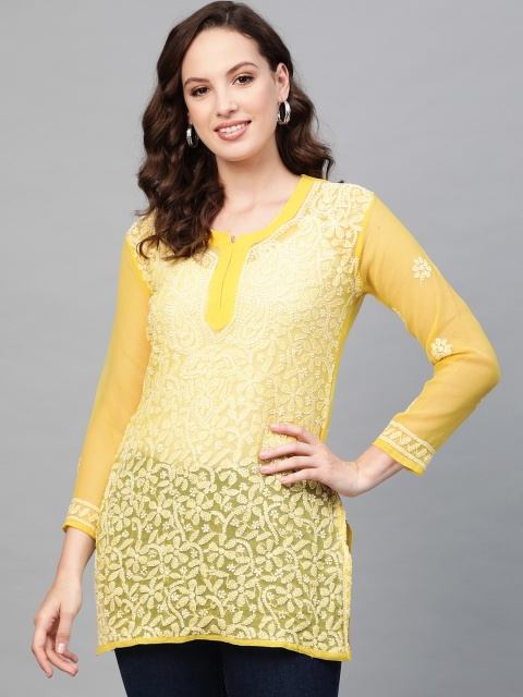 

Saadgi Women Yellow & White Handloom Chikankari Embroidered Semi-Sheer Straight Kurti