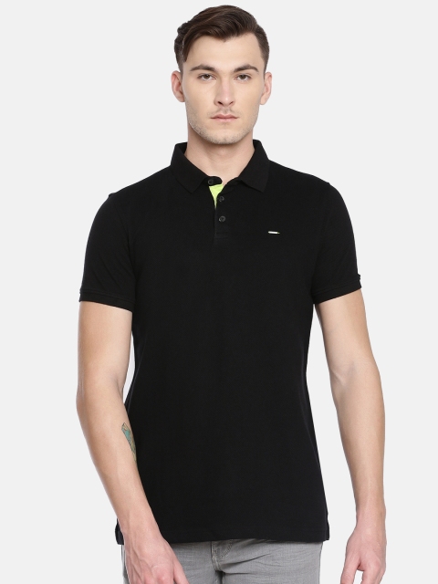 

SPYKAR Men Black Self-Design Polo Pure Cotton T-shirt