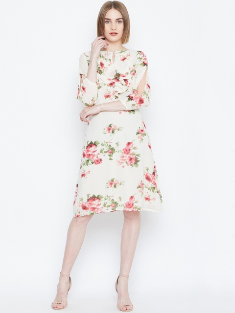 

PURYS Women Off-White Floral Printed Fit and Flare Dress