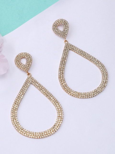 

Rubans Gold-Toned Teardrop Shaped CZ-Studded Drop Earrings with