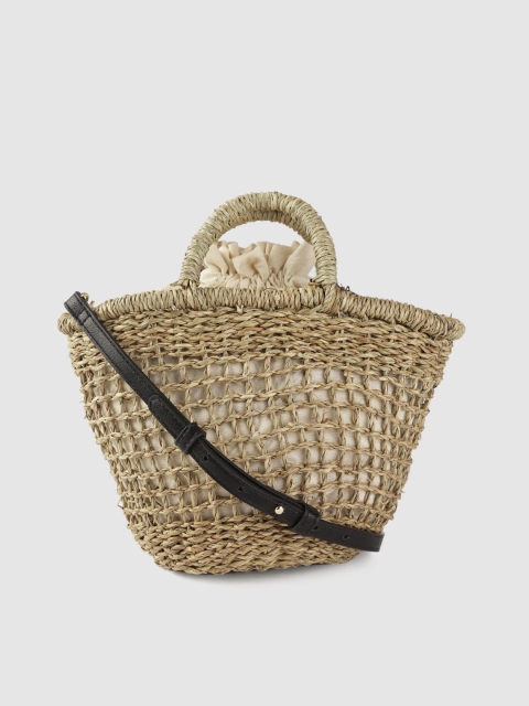 

MANGO Beige Basket Weave Handheld Bag