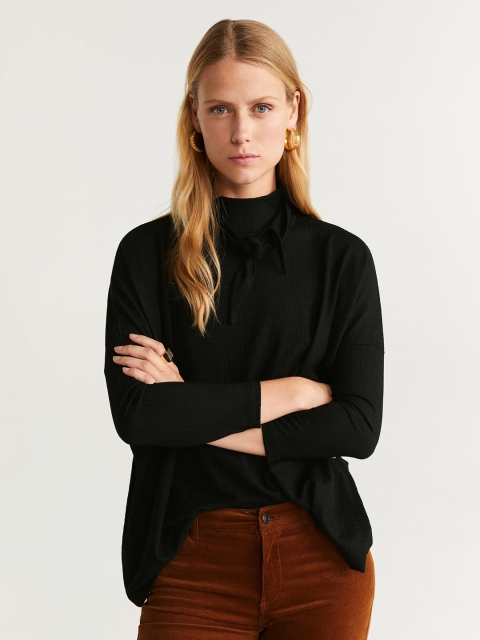 

MANGO Women Black Self Design Top With Tie Up Detail