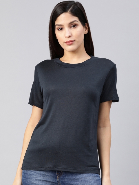 

MANGO Women Navy Blue Solid Round Neck T-shirt