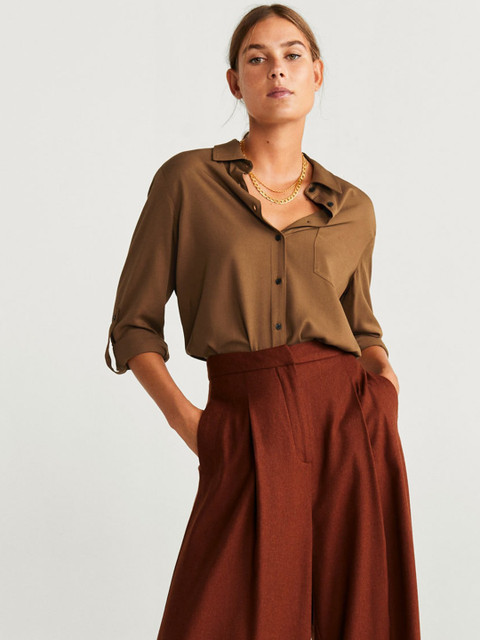 

MANGO Women Brown Regular Fit Solid Longline Casual Shirt