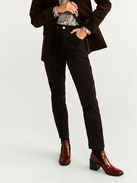 

MANGO Women Coffee Brown Regular Fit Solid Corduroy Trousers